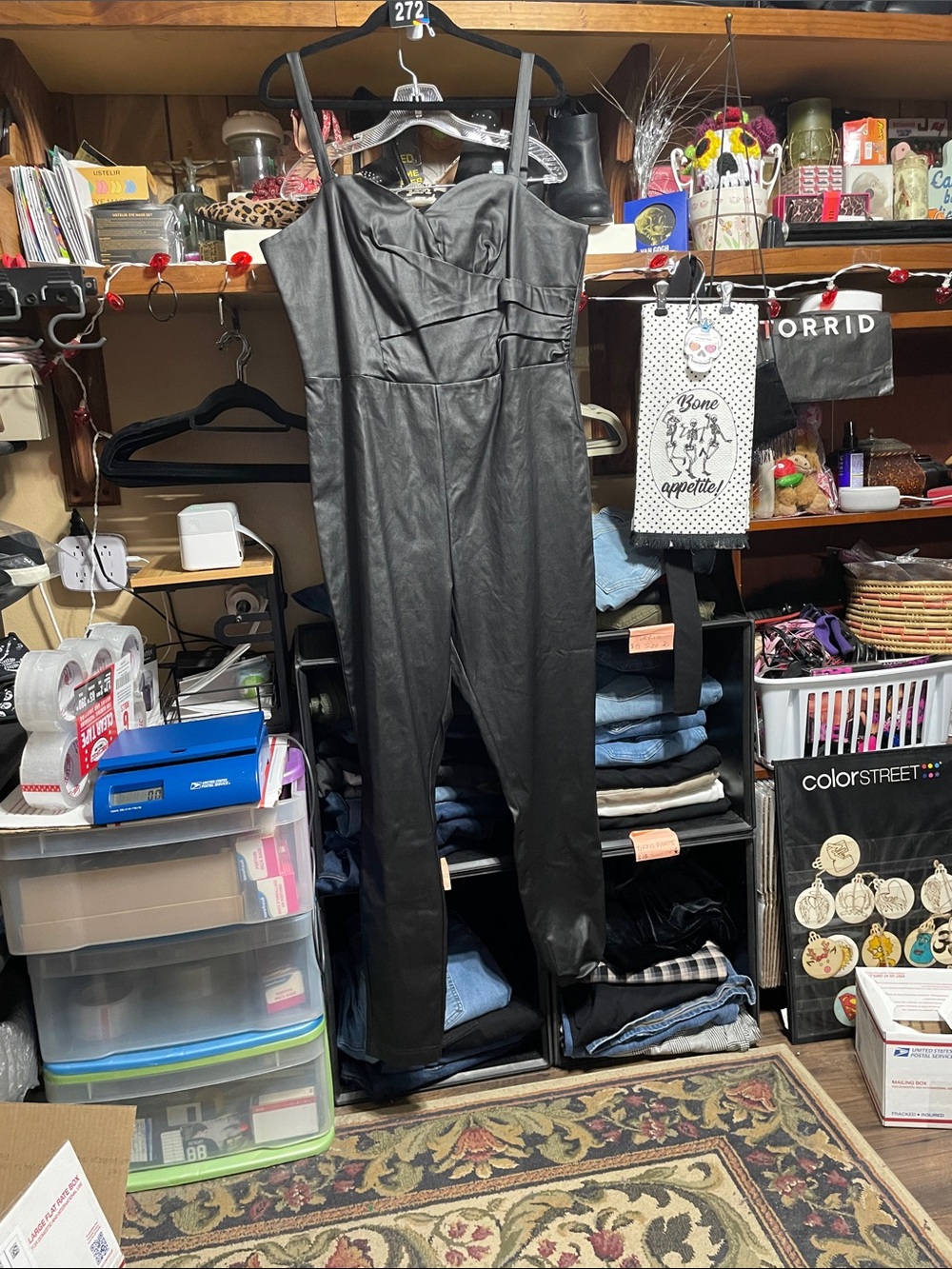 #272 size 2x/18 unique Vintage Black Faux Leather Jumpsuit like new